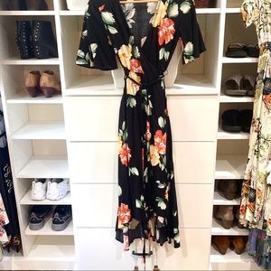 Floral maxi wrap dress with adjustable waist ties